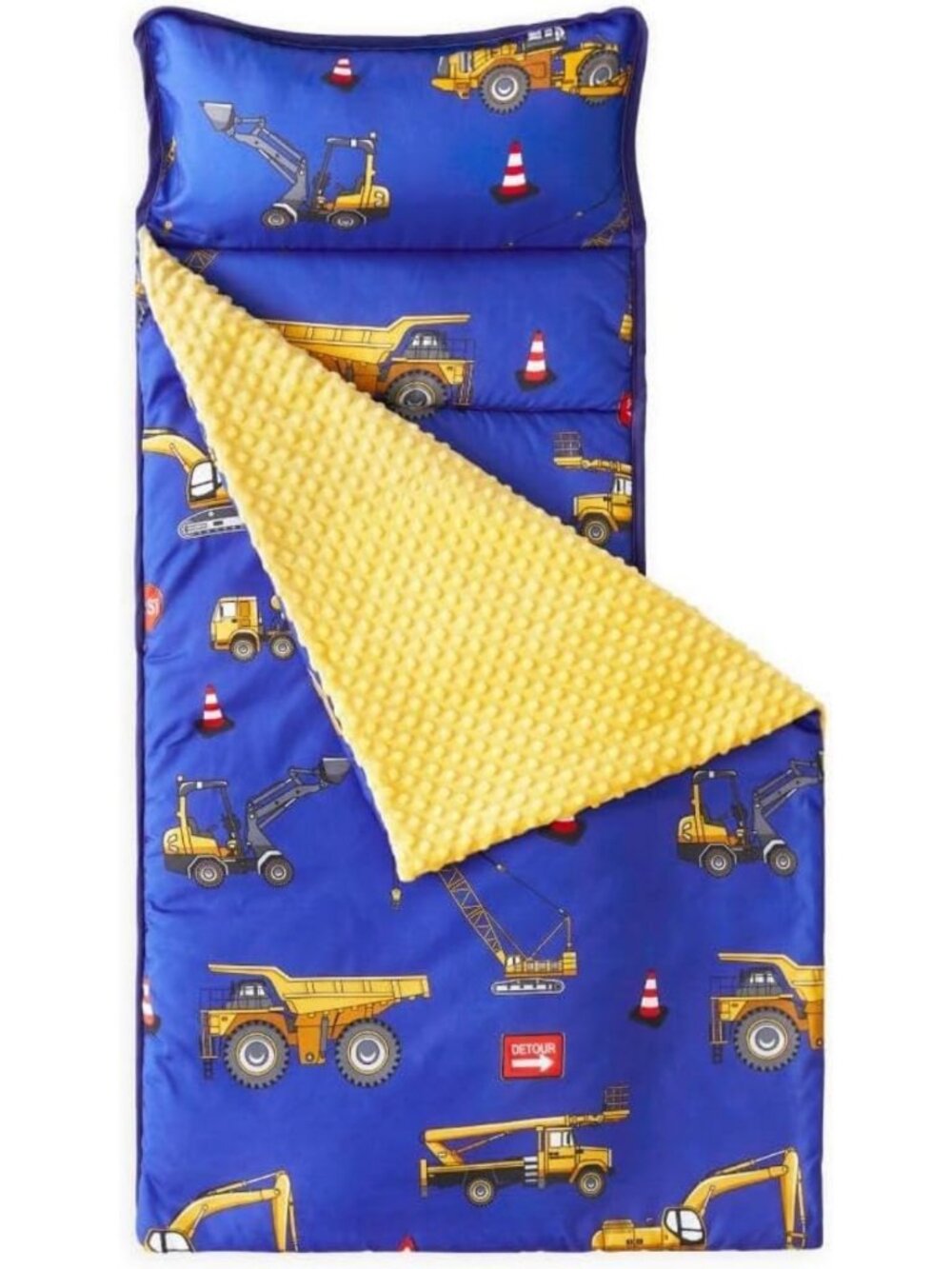 Cozy Toddler Nap Mat with Pillow & Minky Blanket - Kids Sleeping Bag, Trucks